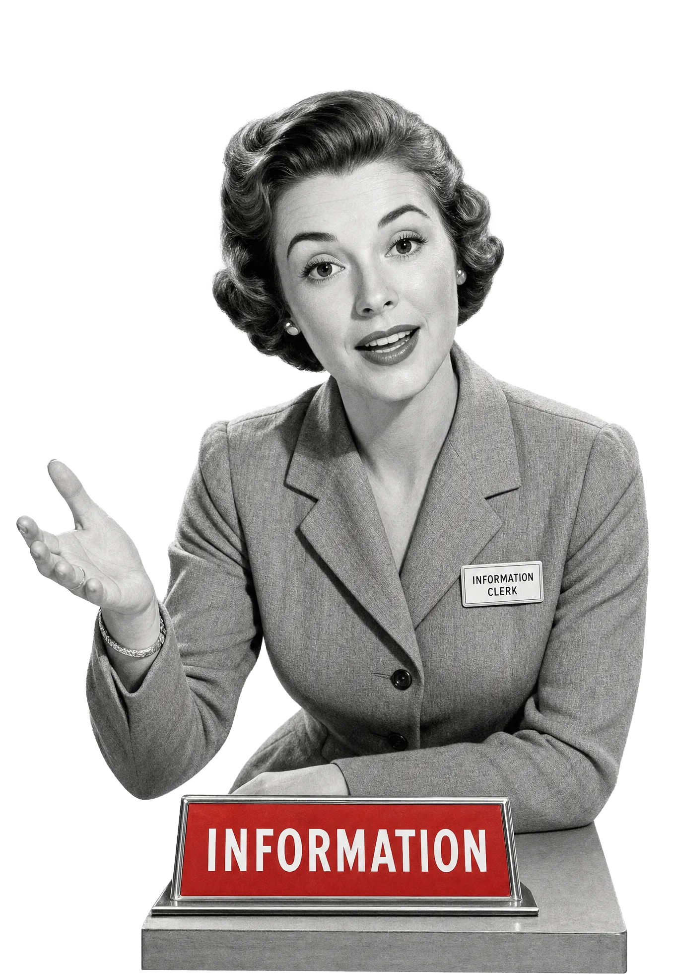 A 1950s information clerk at her desk, mid-answer, behind a red INFORMATION sign