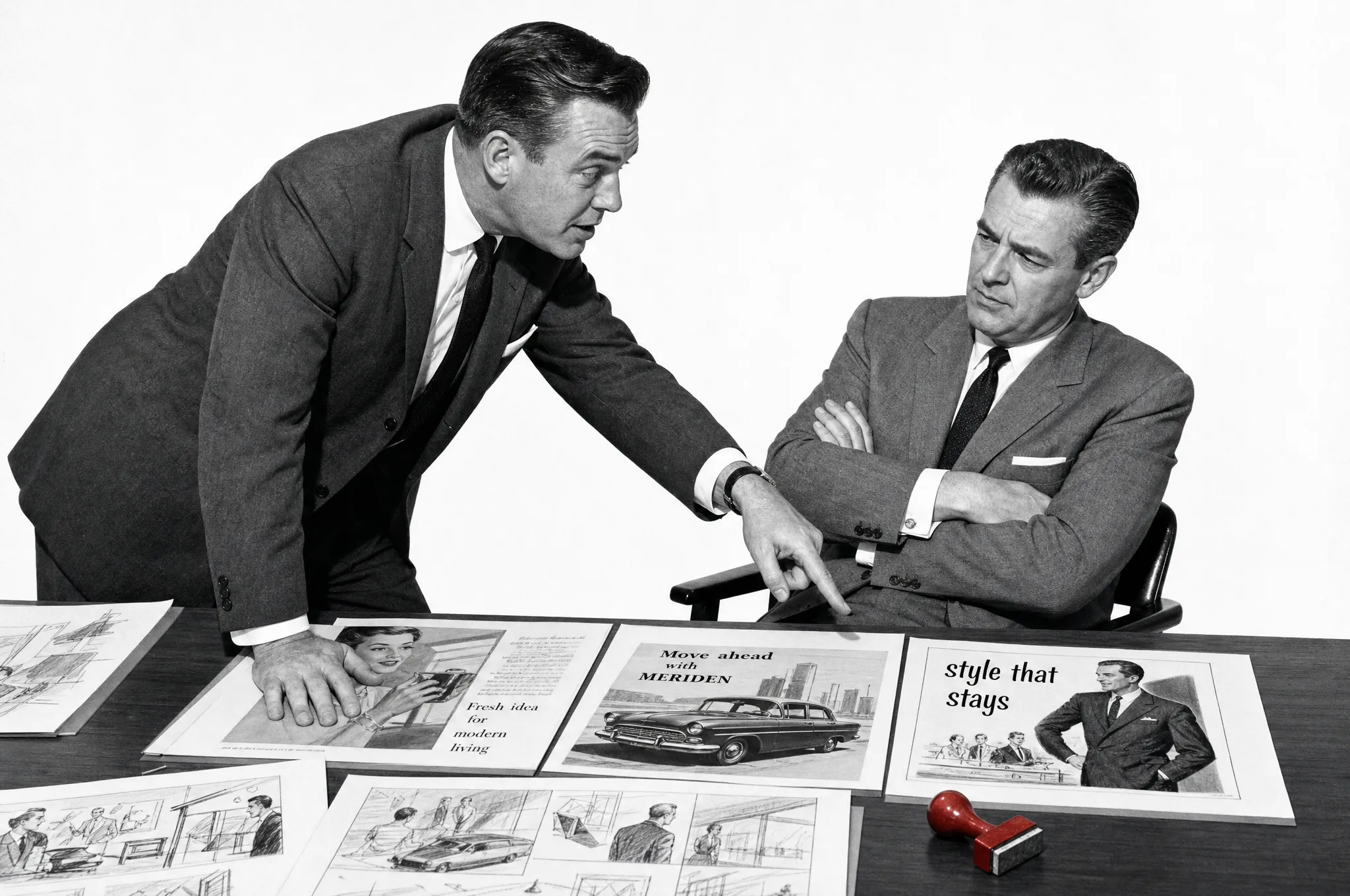 Two 1950s agency men over a boardroom table of concept boards, one pointing and one sitting back unconvinced, a red rubber stamp resting on the table