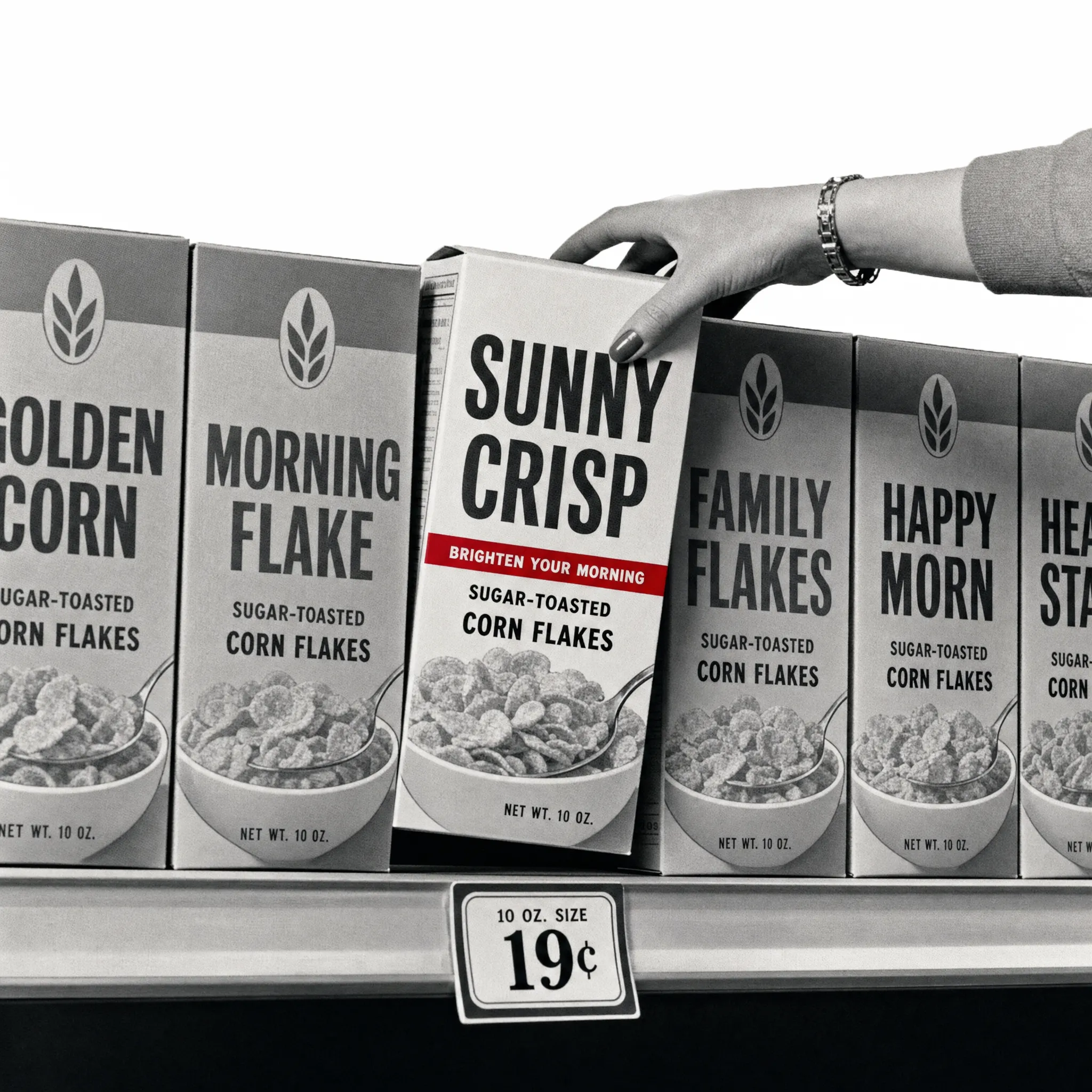 Artwork for Brand trust: A stocked shelf, one hand reaching for Sunny Crisp