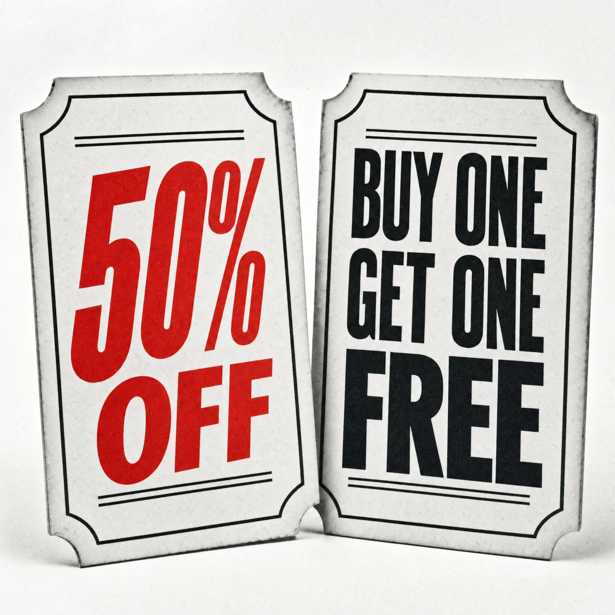 Artwork for Promotional mechanic: Two sale tickets: 50% off or buy one get one free