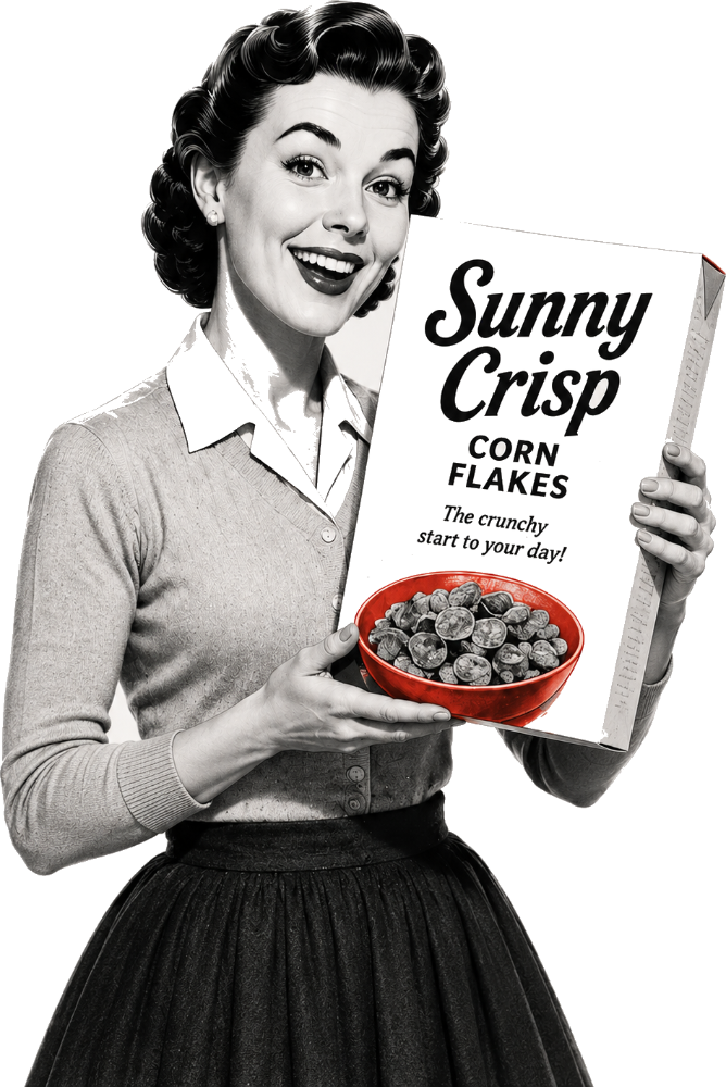1950s housewife holding a Sunny Crisp Corn Flakes box
