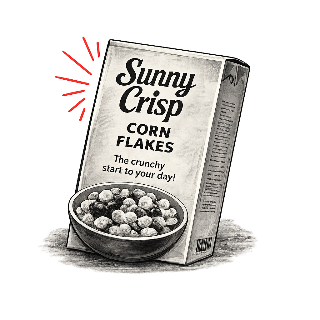 Sunny Crisp Corn Flakes box with a bowl of cereal